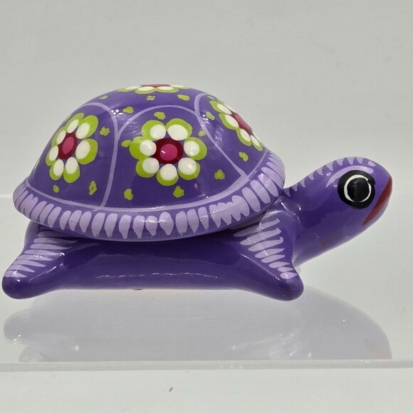 Mexican Folk Art Purple Turtle Terra Cotta Trinket Box with Removable Lid - Picture 5 of 9